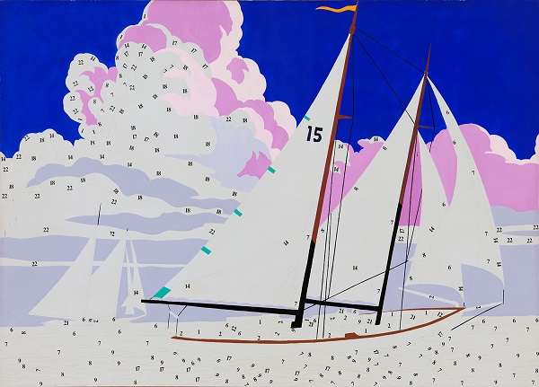 A partially finished painting of sailboats with outlines and paint-by-numbers layout