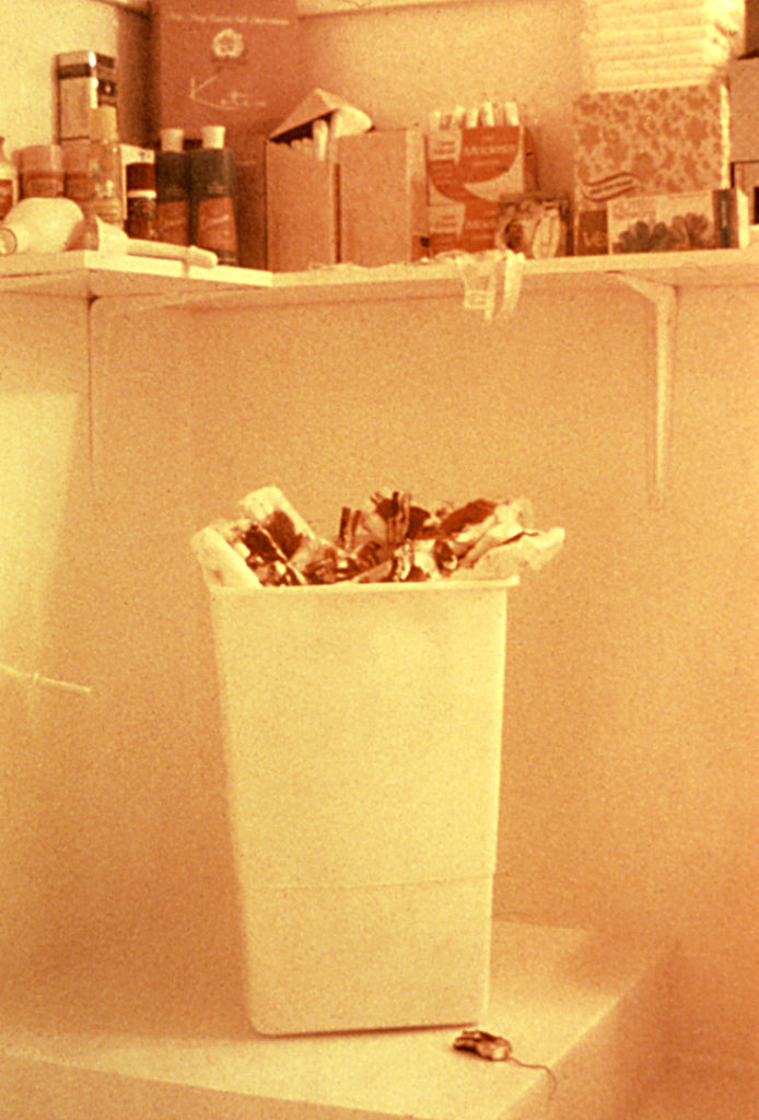 a white bathroom bathed in orange light, with a trashcan and shelves. the shelves contain tampon boxes while the trashcan is filled with red-coated cotton tampons