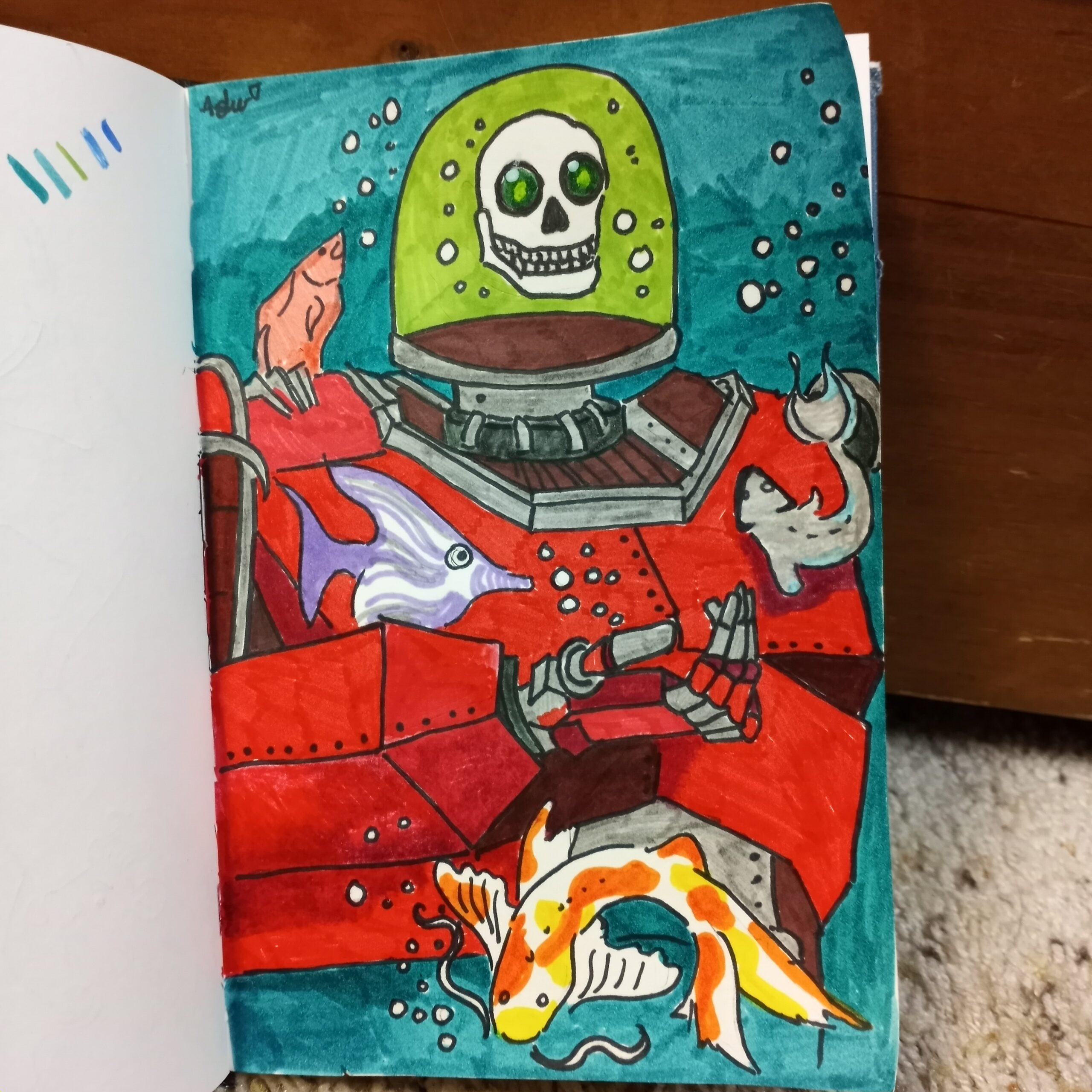 a teal background with fish, obscured by a large red metal robot. The body has articulated panels, and a hand reaching out. A glass dome on top of its head is filled with lime green, and the skull inside has glowing green eyes. the robot is interacting with the fish.