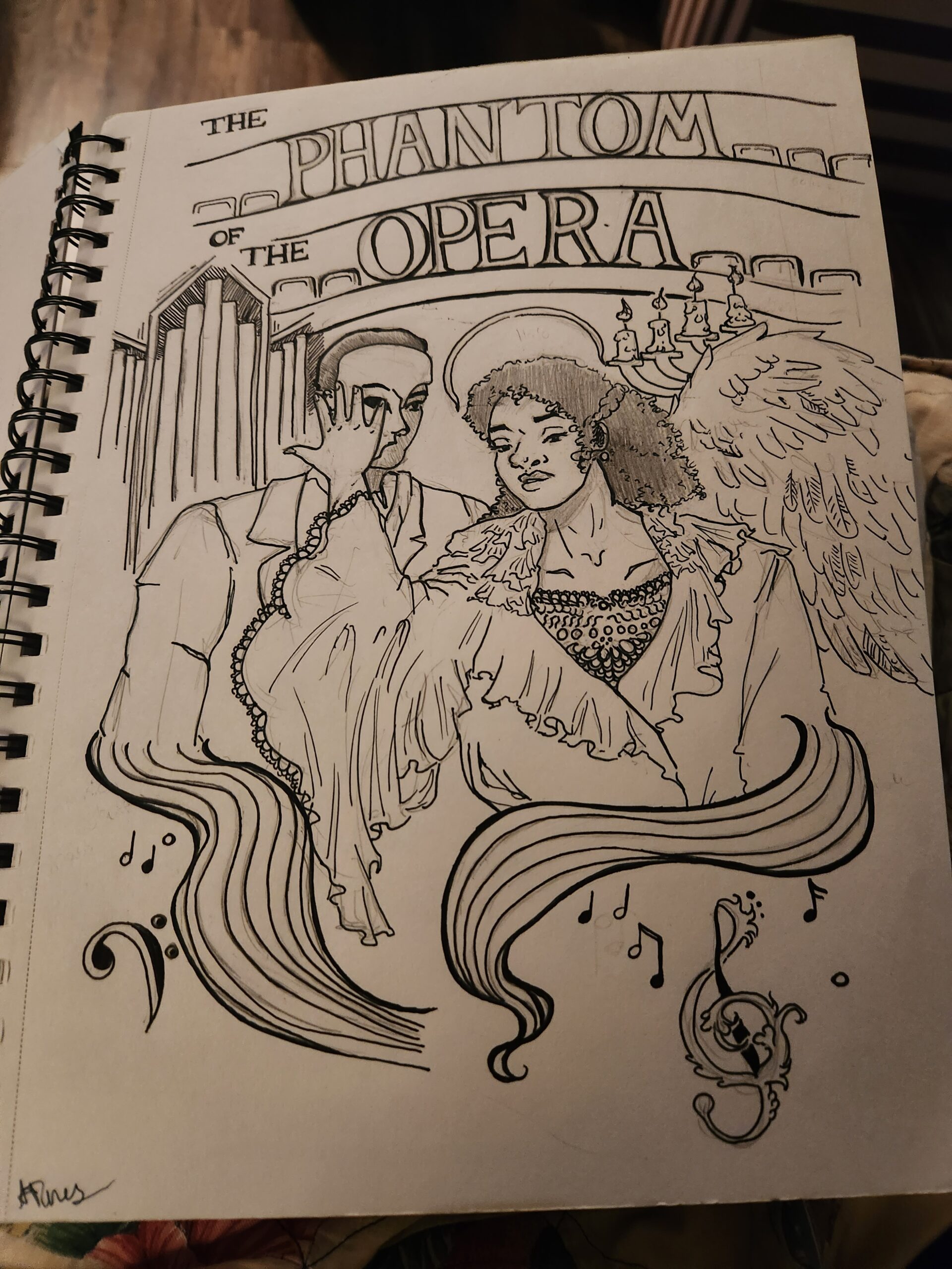 a woman and a man stand, with the woman having thick, curly hair and the man having a mask obscuring half his face. They dissolve into musical staffs stylized, with a pipe organ and seats in the background, music notes at the bottom. Text at the top reads "the phantom of the opera"